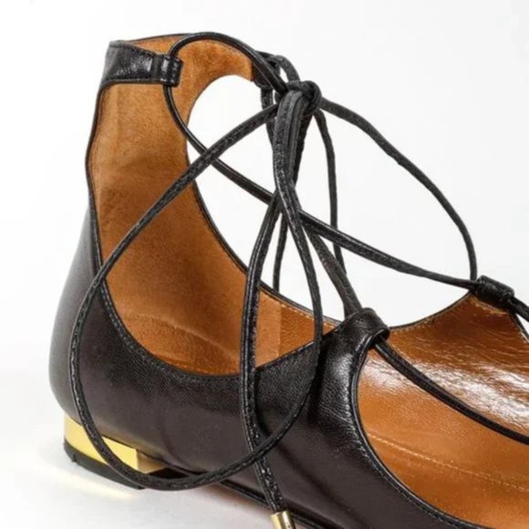 Aquazurra Christie Black Pointed Toe Leather Lace-Up Flats - Picture 7 of 10